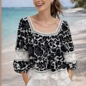 Rachel Zoe Floral Boho Square-Neck Linen Blend Top